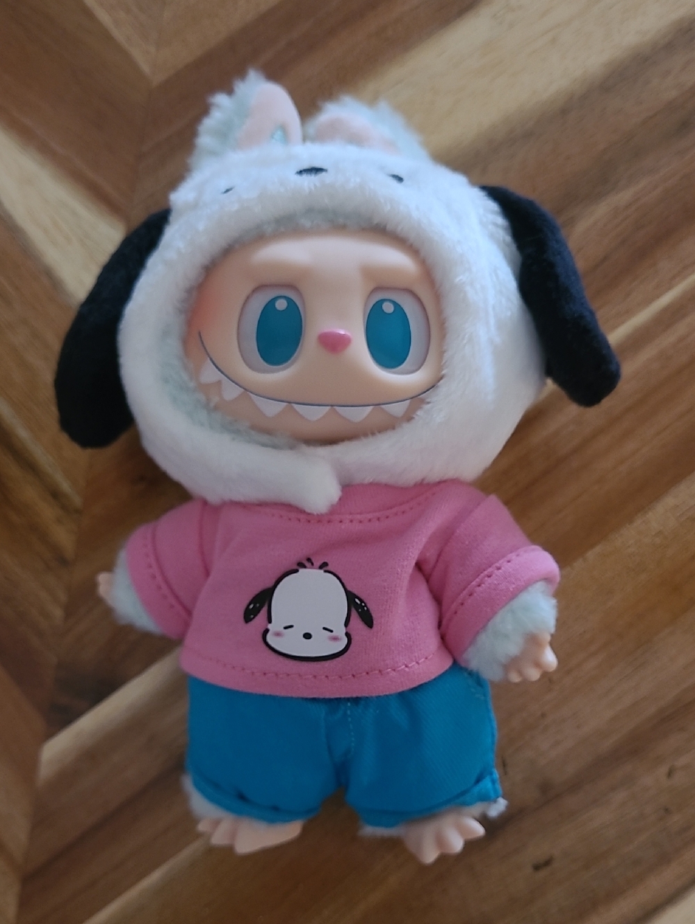 Labubu Doll in Pink Hoodie & Blue Shorts